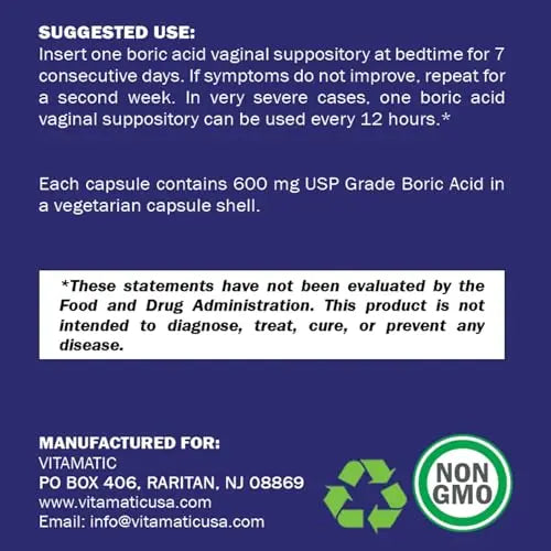 Vitamatic Boric Acid Vaginal Suppositories 600 mg USP Grade Boric Acid in Vegetarian Capsule Shell - 60 Count VitamaticAU supplements