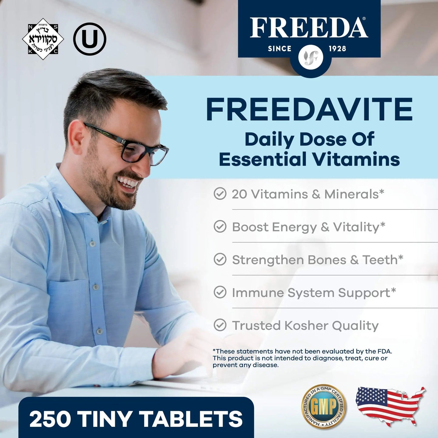 Freedavite Tiny Tablet - Moderate Multivitamin for Men and Women - Pure Vitamin A, C, D, E, B1, B2, B6, B12, Biotin, Calcium, Zinc, Iron, Magnesium FREEDAUS supplements