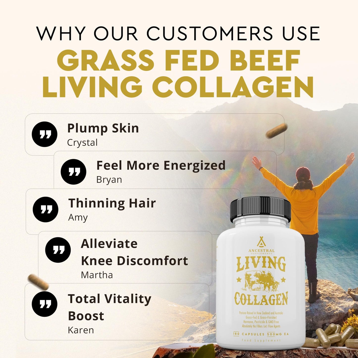 Ancestral Supplements Grass Fed Beef Living Collagen Nutritional Powder Supplement, 3000mg, Promotes Healthier, Younger Looking Skin, Hair, Nails and Joints, Type II, 180 Capsules Ancestral Supplements buy supplements Au