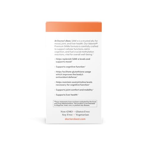 Doctor's Best SAM-e Mood & Joint Support & Liver Health (Pharmaceutical Grade/Non-GMO/Gluten Free/Vegetarian), Tablet, 60 Count (Pack of 1) Doctor's BEST Au supplements