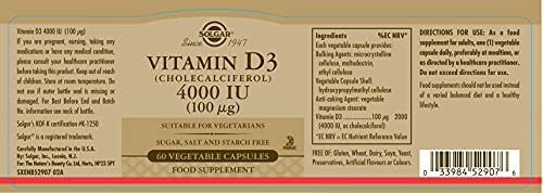 Solgar Vitamin D3 4000 IU (100 µg) Vegetable Capsules - Pack of 60 - Cholecalciferol SOLGAR Au supplements