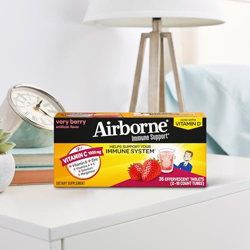 Vitamin C 1000mg (per serving) - Airborne Very Berry Effervescent Tablets (36 count in a box), Gluten-Free Immune Support Supplement, With Vitamins A C E, ZINC, Selenium, Echinacea & Ginger Airborne Au supplements