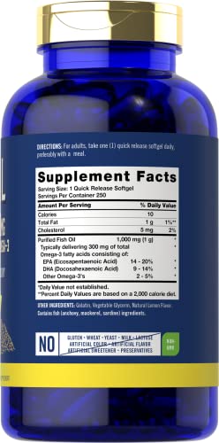 Fish Oil 1000mg | 300mg Omega 3 | 250 Count | Non-GMO and Gluten Free Supplement Carlyle Au supplements