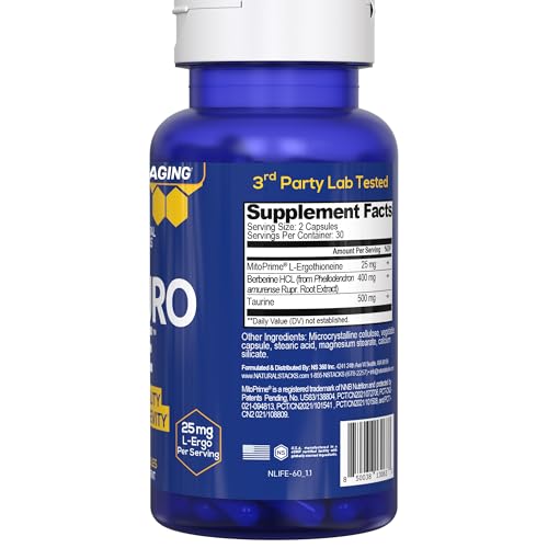 NeuroLife Longevity Supplement - 500mg Taurine & 400mg Berberine Supplement - Clinically Tested MitoPrime L-Ergothioneine - Brain Support for Cognitive Vitality - 60 Berberine Capsules NATURAL STACKS Au supplements