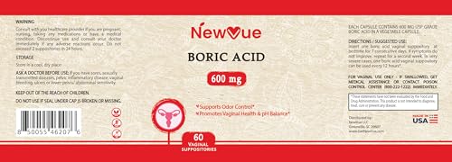 NewVue Boric Acid Vaginal Suppositories (600mg, 60 Count) Supports Vaginal pH Balance, Odor Control (USP Medical Grade Fine Powder, Easy Dissolve, Third Party Tested, Made in USA) NewVue Au supplements