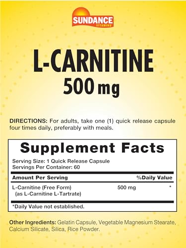 L-Carnitine 500mg | 60 Capsules | Free Form Amino Acid | Non-GMO and Gluten Free Sundance Au supplements