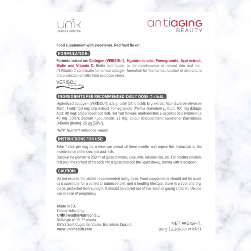 Unik Antiaging Beauty | Hydrolysed Collagen VERISOL (5 Clinical Studies) with Hyaluronic Acid UN 1K HEALTH & NUTRITION Au supplements
