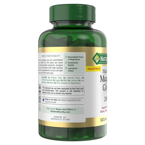 Nature’s Bounty High Absorption Magnesium Glycinate 240 mg for Supporting Muscle Relaxation and Bone, Heart & Nerve Health – Non-GMO, Gluten-Free, Vegetarian, 120 Count/60 Servings Nature's Bounty Au supplements