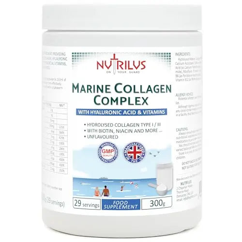 Hydrolysed Marine Collagen Powder 300g with Hyaluronic Acid and Vitamins - 29 Servings Nutrilus uk supplements