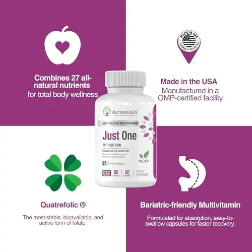 NatureGenX Just One Daily Methylated Multivitamin - 60 Caps Pure Methyl B12, Methylfolate MTHFR Support Supplement Iron Free Methylated Vitamins NatureGenX Au supplements