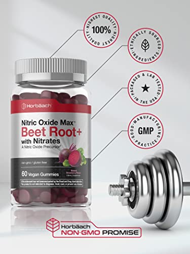 Nitric Oxide Beet Root Gummies | 60 Count | with Nitrates | Natural Strawberry Flavor Horbäach Au supplements