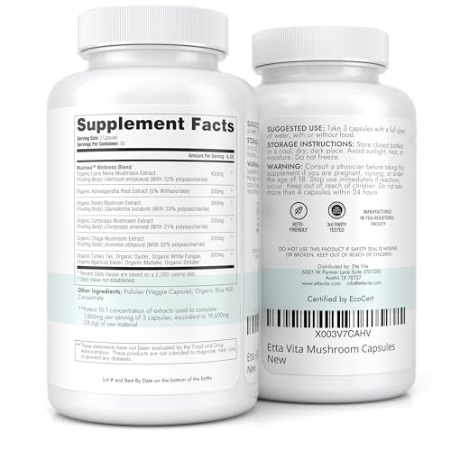 USDA Organic Lions Mane Supplement Capsules with Ashwagandha, Chaga, Reishi, Cordyceps Etta Vita Au supplements