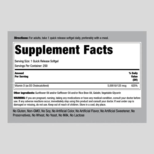 Piping Rock Vitamin D3 5000 IU | 250 Softgels | High Potency Supplement | Non-GMO Piping Rock Au supplements
