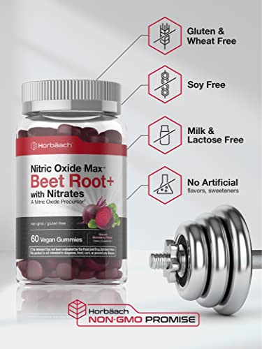 Nitric Oxide Beet Root Gummies | 60 Count | with Nitrates | Natural Strawberry Flavor Horbäach Au supplements