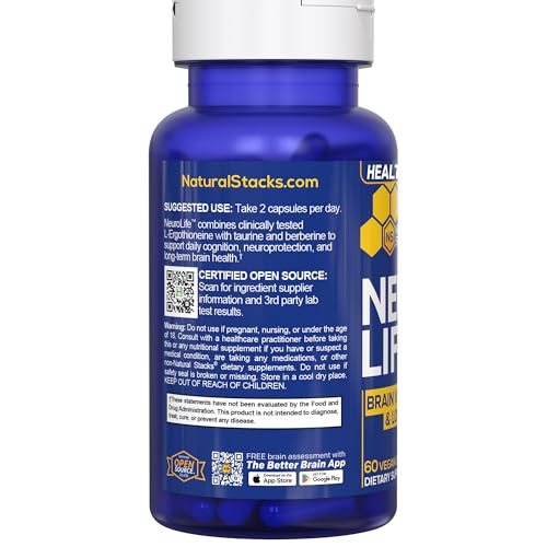 NeuroLife Longevity Supplement - 500mg Taurine & 400mg Berberine Supplement - Clinically Tested MitoPrime L-Ergothioneine - Brain Support for Cognitive Vitality - 60 Berberine Capsules NATURAL STACKS Au supplements
