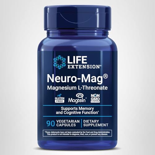 Life Extension Neuro-Mag Magnesium L-Threonate, Memory Health, Quick Thinking, Cognitive Health Support, Vegetarian, Non-GMO, 90 Vegetarian Capsules (144 mg from 2000 mg Magtein magnesium L-threonate Life Extension Au supplements