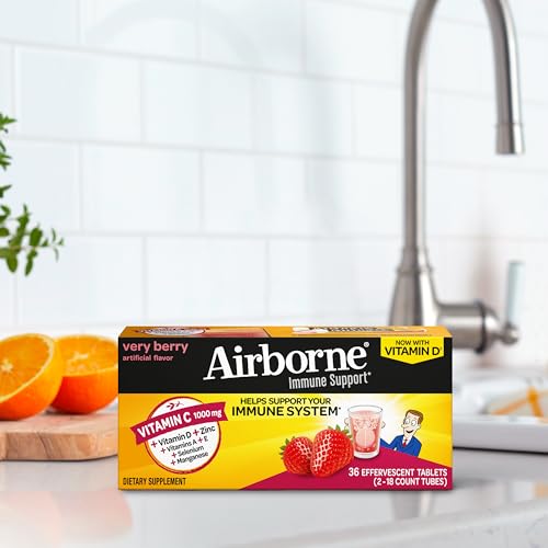 Vitamin C 1000mg (per serving) - Airborne Very Berry Effervescent Tablets (36 count in a box), Gluten-Free Immune Support Supplement, With Vitamins A C E, ZINC, Selenium, Echinacea & Ginger Airborne Au supplements
