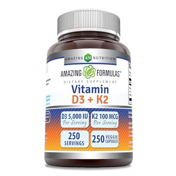 Amazing Formulas Vitamin D3 5000 IU with Vitamin K2 100 Mcg| 250 Veggie Capsules Amazing Nutrition Au supplements