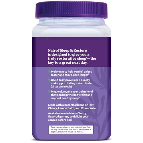 Natrol Sleep + Restore Magnesium Glycinate Blend Gummies with Melatonin 5mg - Calm Magnesium with GABA, Botanical Blend, Cherry Flavor, 60 Gummies Natrol Au supplements