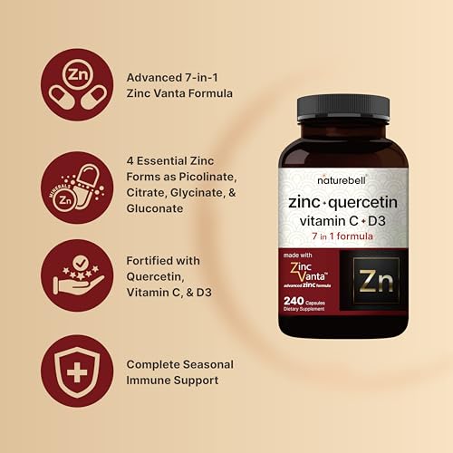 NatureBell Zinc Quercetin with Vitamin C & D3, 240 Capsules | Quercetin 1,000mg, 4 in 1 Zinc 50mg, Vitamin C 250mg, Vitamin D3 5,000 IU – ZincVanta Advanced Immune Defense & Lung Support NatureBell Au supplements