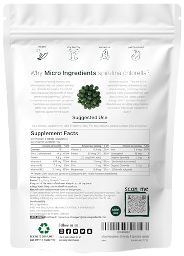 Organic Chlorella Spirulina Tablets, 3000mg Per Serving, 720 Counts, 4 Months Supply Micro Ingredients Au supplements