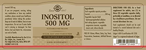 Solgar Inositol 500 mg Vegetable Capsules - Vitamin B8 - Vegan, Vegetarian, Kosher SOLGAR Au supplements