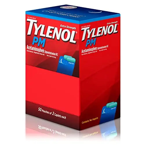 Tylenol PM Extra Strength Nighttime Pain Reliever Sleep Aid Caplets with Acetaminophen & Diphenhydramine HCl, Relief for Nighttime Aches & Pains, Travel Size, 50 Packs of 2 Caplets Tylenol Au supplements