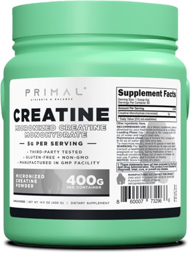 Primal Creatine Monohydrate Powder (400 Grams) | Unflavored Micronized Creatine Primal Au supplements