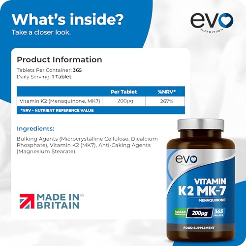 EVO NUTRITION Vitamin K2 MK-7 200mcg | 365 Vegetarian and Vegan Tablets EVO NUTRITION Au supplements