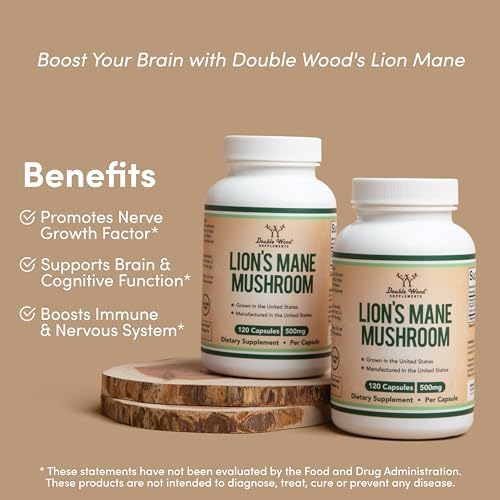 Lions Mane Supplement Mushroom Capsules (Two Month Supply - 120 Count) for Brain Double Wood Supplements Au supplements