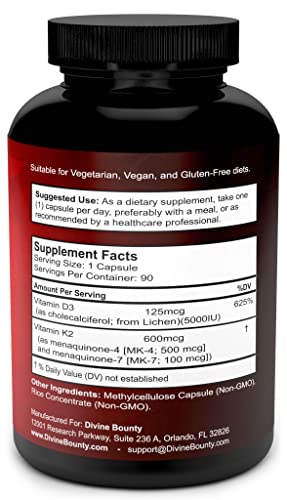 Vitamin K2 (MK7 & MK4) with D3 Supplement - Vitamin K & D as MK-7 100mcg, MK-4 500mcg Divine Bounty Au supplements