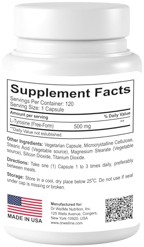 Dr.WellMe L-Tyrosine 500mg Capsules, Dietary supplements-120 Capsules DR WELLME NUTRITION Au supplements