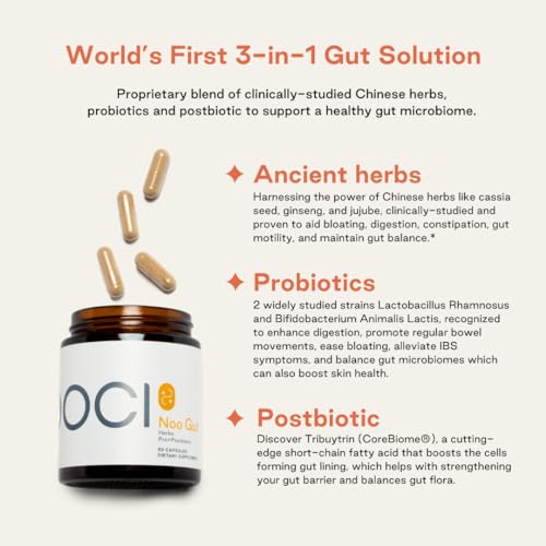 NOOCI NOO Gut, Gut + Skin: 3-in-1 Gut Health Supplement with Herbs, Probiotic & Postbiotic, Digestive Support for Bloating & Constipation, 60 Vegan Capsules NOOCI Au supplements