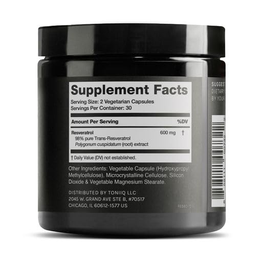 Toniiq Ultra High Purity Resveratrol Capsules - 98% Trans-Resveratrol - Highly Purified and Bioavailable - 60 Caps Reservatrol Supplement Toniiq Au supplements