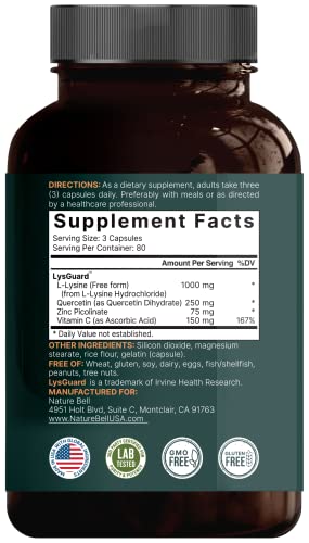 NatureBell L-Lysine 1000mg + Quercetin 250mg Supplement, 240 Capsules, Free Form NatureBell Au supplements