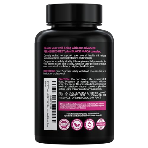 EVERYDAY NUTRITION Organic Fermented Beet Root & Black Maca Capsules with Carrot, Spinach, Cranberry & Ginger | Superfood for Energy, Stamina & Wellness | 90 Veggie Capsules | Made in USA EVERYDAY NUTRITION Au supplements