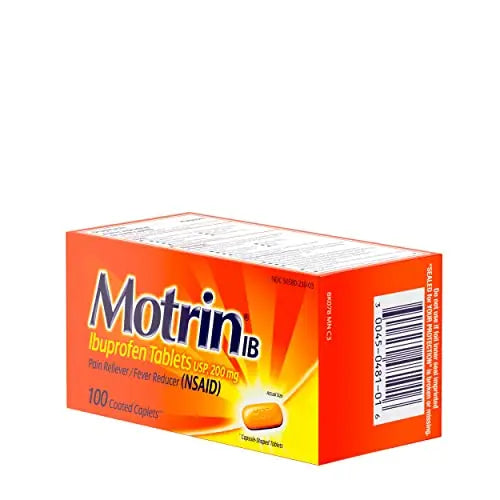Motrin IB, Ibuprofen 200mg Tablets, Pain Reliever & Fever Reducer for Muscular Aches, Headache, Backache, Menstrual Cramps & Minor Arthritis Pain, NSAID, 100 Ct Motrin Au supplements