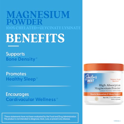 Doctor's Best High Absorption Magnesium Powder,White, 100% Chelated TRACCS, Not Buffered, Headaches, Sleep, Energy. Non-GMO, Vegan, Gluten Free, 200G, 7.1 Ounce (Pack of 1) Doctor's BESTAu supplements