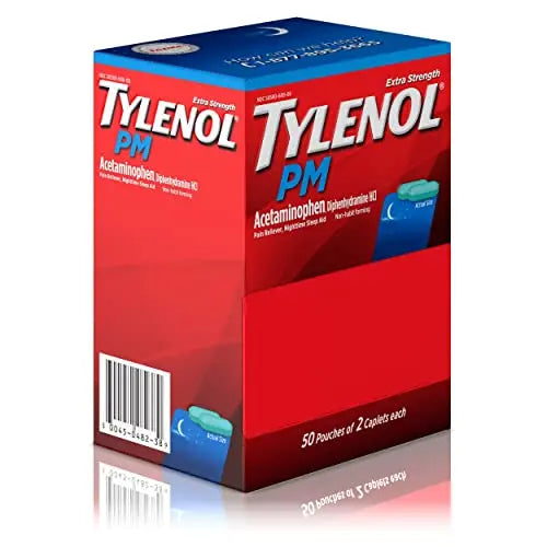 Tylenol PM Extra Strength Nighttime Pain Reliever Sleep Aid Caplets with Acetaminophen & Diphenhydramine HCl, Relief for Nighttime Aches & Pains, Travel Size, 50 Packs of 2 Caplets Tylenol Au supplements