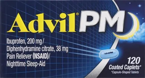Advil PM Pain Reliever and Nighttime Sleep Aid, Pain Medicine with Ibuprofen for Pain Relief and Diphenhydramine Citrate for A Sleep Aid - 120 Coated Caplets (Pack of 2) Advil Au supplements