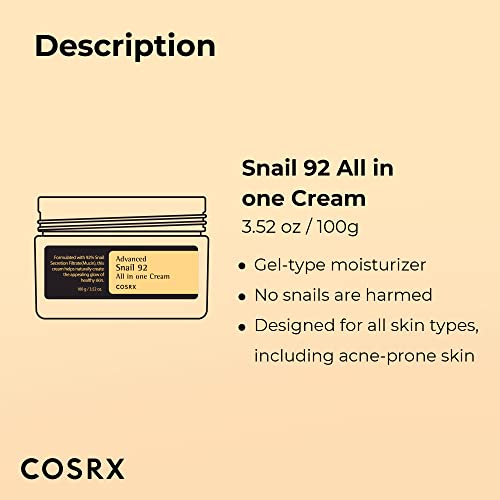 COSRX Snail Mucin 92% Moisturizer 3.52oz/ 100g, Daily Repair Face Gel COSRX Au supplements