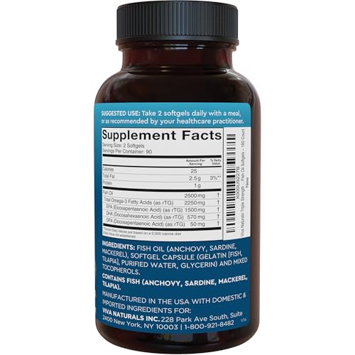 Triple Strength Fish Oil Omega 3 Supplements for Women and Men – 2500 mg High-Potency, Easy-to-Absorb Re-esterified Triglyceride Form, Pescatarian-Friendly DPA Omega 3 EPA DHA Supplement,180 Softgels Viva Naturals Au supplements