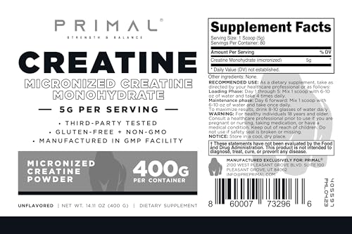 Primal Creatine Monohydrate Powder (400 Grams) | Unflavored Micronized Creatine Primal Au supplements