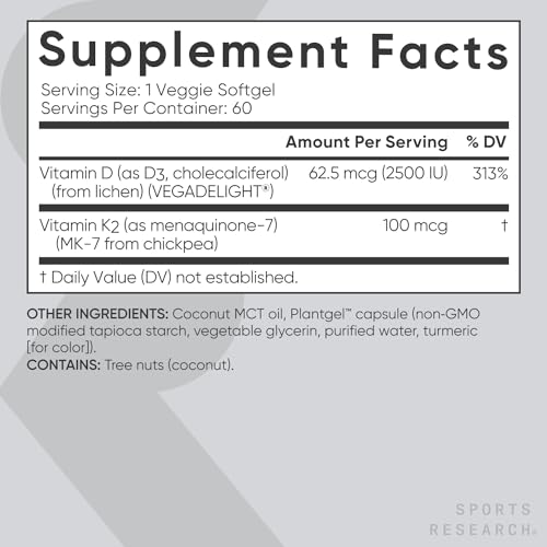 Sports Research Vitamin D3 K2 with Coconut MCT Oil | Vegan D3 2500iu (62.5mcg) Sports Research Au supplements