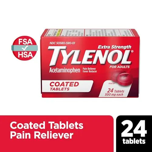 Tylenol Extra Strength Pain Reliever & Fever Reducer, Round Coated Tablets, 500 mg Acetaminophen Pain Relief Pills for Headache, Toothache & Minor Arthritis Pain, 24 ct Tylenol Au supplements