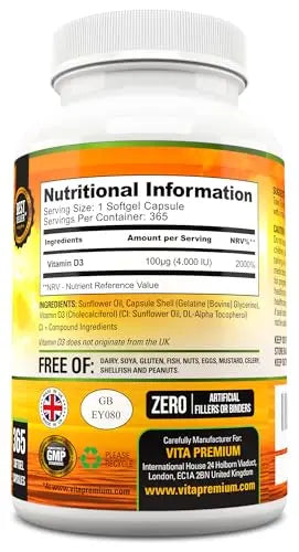 Vitamin D 4,000 IU Softgels, Maximum Strength Vitamin D3 Supplement, 365 Easy to Swallo Vita Premium Au supplements