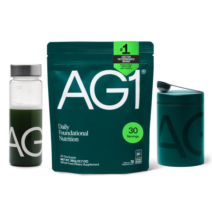 AG1 Greens Powder Supplement Bundle w/Stainless Steel Storage Canister – Multivitamin, Probiotic & Superfood Blend | Gut Health & Daily Wellness Support | Includes Shaker & Scoop | Vegan, Gluten-Free AG1 Au supplements