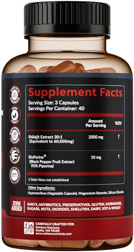 Pure Himalayan Shilajit Capsules Supplement (60,000mg+ Absorption Enhancer+50% Rainbow Nutrients, LLC Au supplements