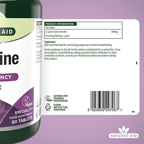 Natures Aid L-Lysine 1000 mg, High Potency Essential Amino Acid, Vegan, 60 Tablets natures aid Au supplements