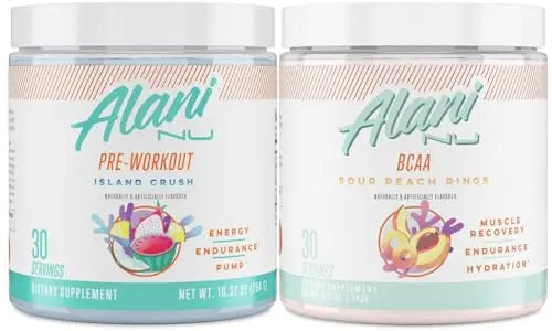 Alani Nu Island Crush Pre Workout and BCAA Sour Peach Rings Post Workout Powder Alani NuAU supplements